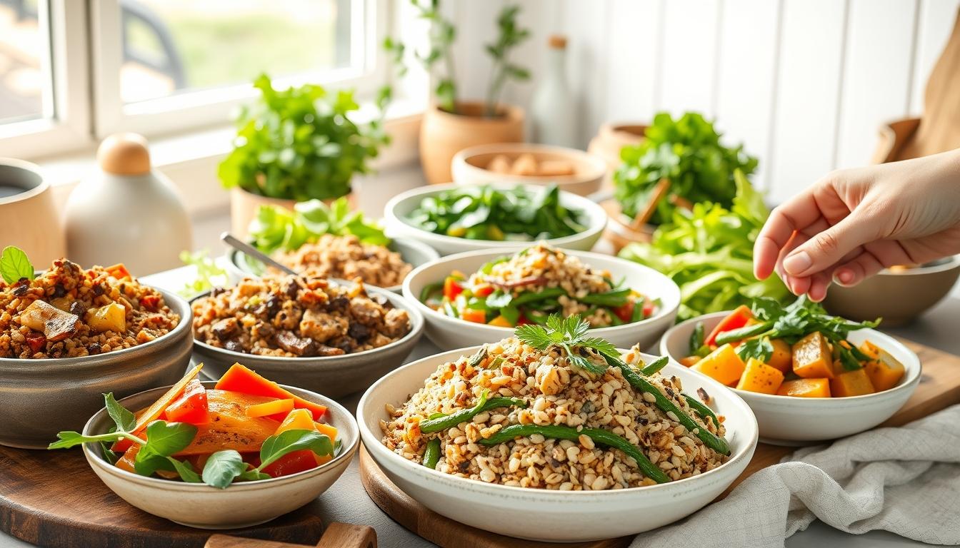 Balanced healthy meal prepared in a home kitchen